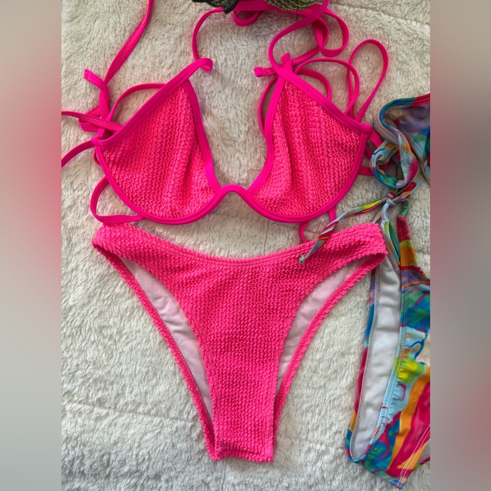 SHEIN Swim Bikinis: Tie-Dye Beach Underwire & Thong Bikini, Pink Textured Bikini - Picture 2 of 14